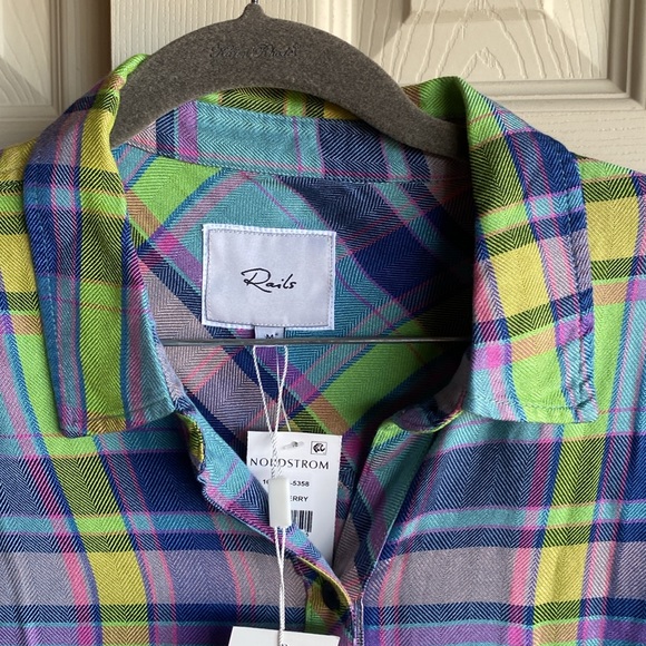 Rails NWT Hunter Lime Berry 100% Rayon Button down Long Sleeve Plaid Blouse med - Picture 7 of 15